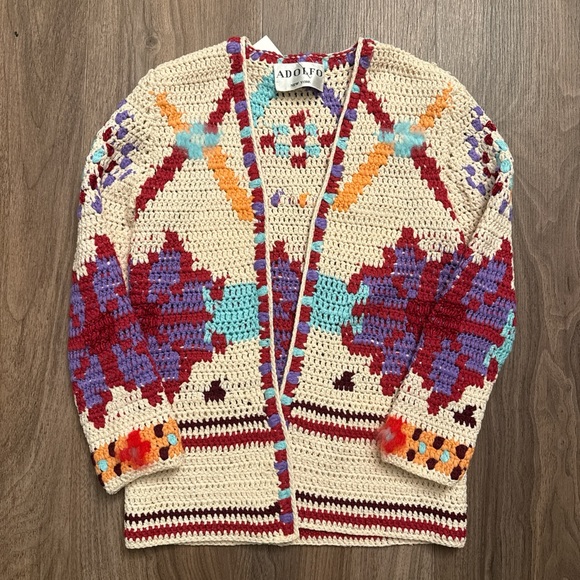 Adolfo Sweaters - Adolfo Colorful Crochet Cardigan Sweater